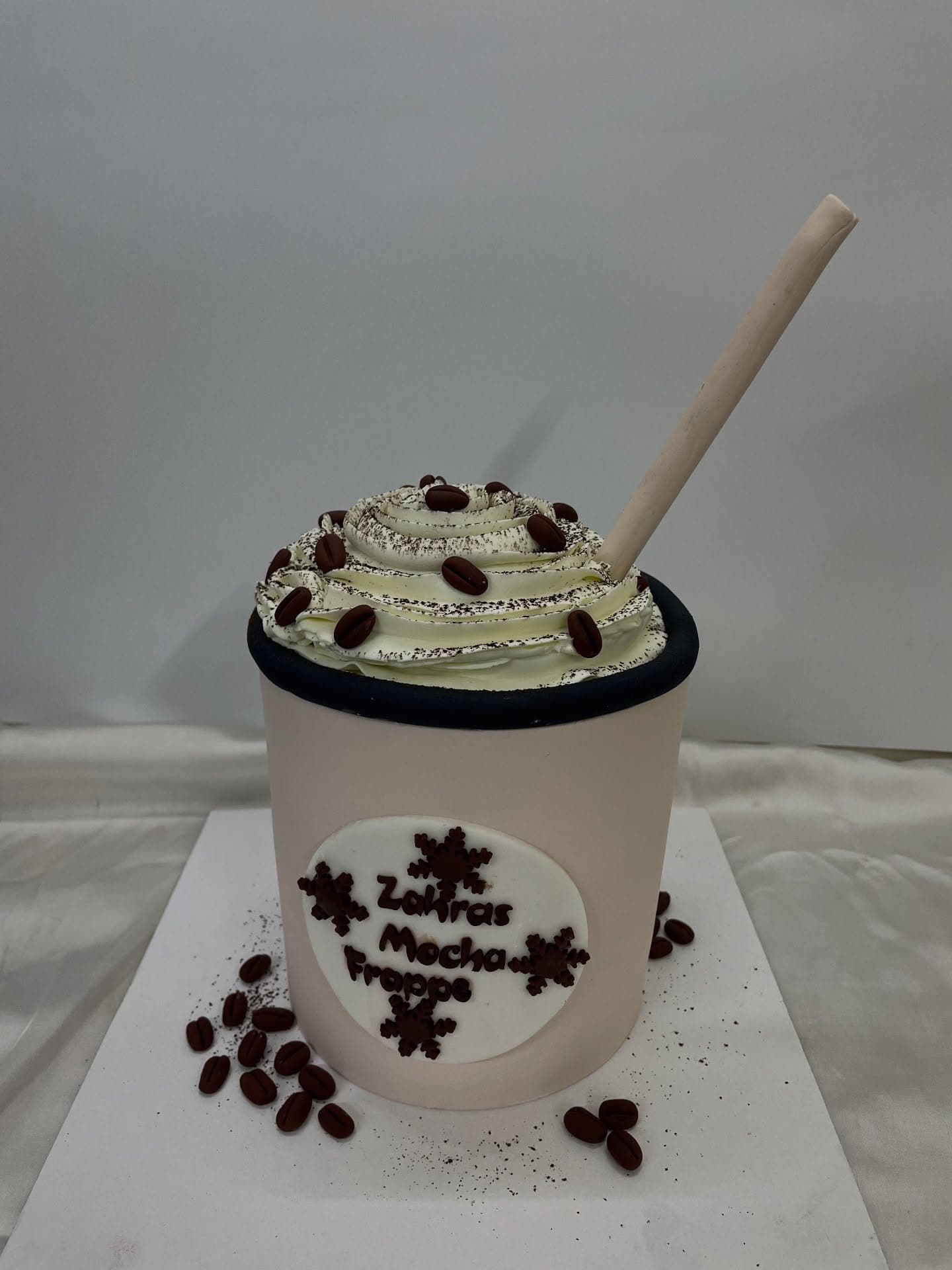 Cake shaped and decorated as an iced frappé